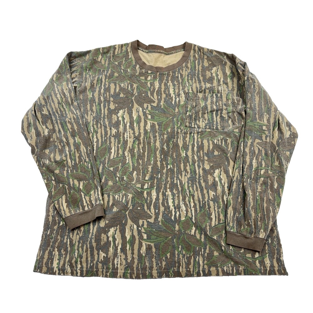 Vintage Realtree Camo Shirt Men XXL 2XL Pocket Tee Long Sleeve Trebark 90s Thin